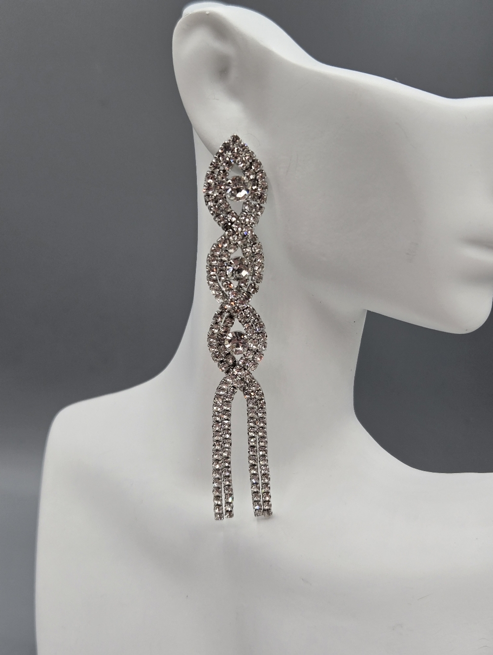 Swarovski Crystal Elements Silver Drop Statement Earrings Clear Dangle 3.25 inch